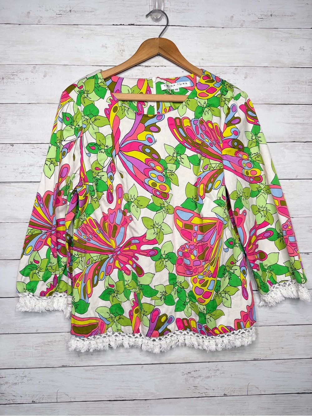 Trina Turk Butterfly Floral Fringe Hem Top Size 14 Colorful Retro Boho